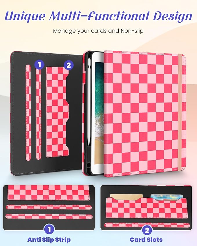 Kidcube for iPad 5th Generation Case 2017/Air 1st 2013/Pro 9.7 Inch Case 2016 - Women Girls Kids Cute Rotating Stand Folio Cover with Pencil Holder & Card Slot Girly Pretty Unique Teens Design Cover
