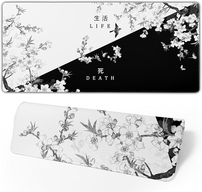 Black and White Cherry Blossom Gaming Mouse Pad XL，Large Mouse Pad Japanese Sakura Death Life Mouse Mat Desk Pad, Extended Stitched Non-Slip Rubber Edges Mousepad 31.5 X 11.8 Inch