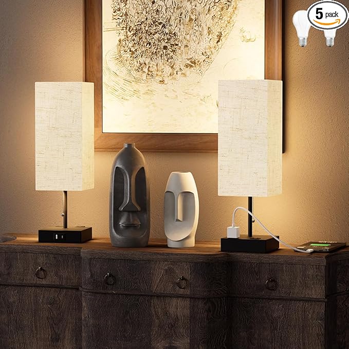 YIDPU Table Lamp for Bedroom with USB,Bedside Lamp with USB C+A Charging Ports,Adjustable 3color LED Light for Home Decor/Nightstand/Office,Included Bulb and Fabric Lamp Shade (Linen White, 2PCS)