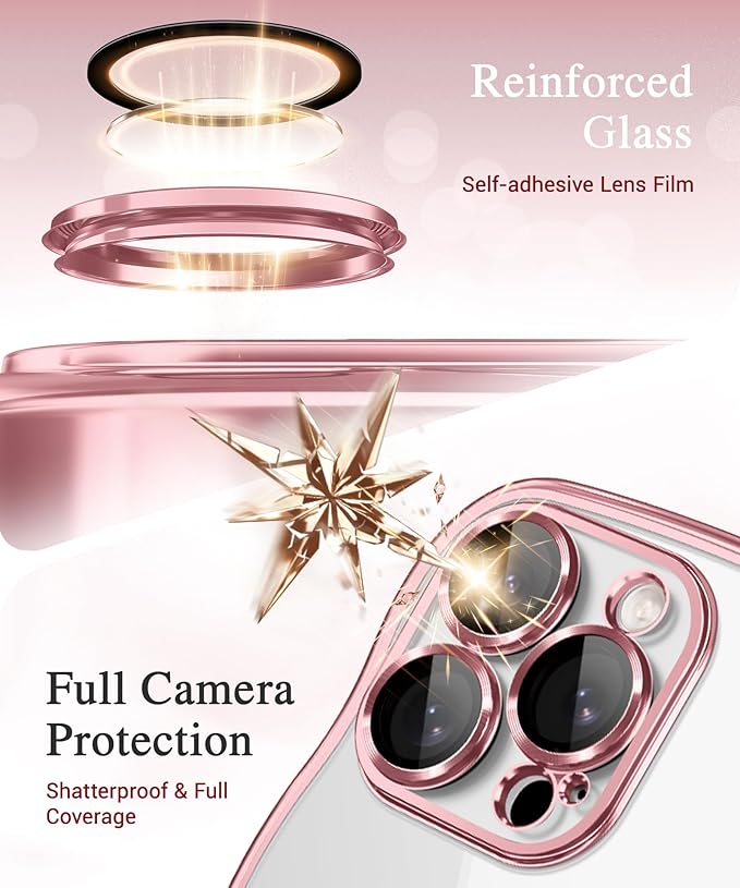 GVIEWIN for iPhone 16 Pro Max Case Compatible with MagSafe, Upgraded [Full Camera Protection][Cute Wave Frame][Military Grade Protection] Electroplated Soft Phone Cover for Women Girl, Clear/Pink