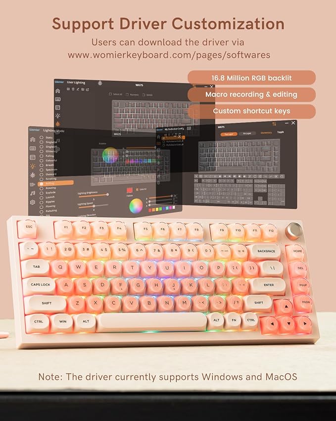 WK75 Wireless Mechanical Keyboard with Knob, 75% Foundation Pink Creamy Keyboard, Hot Swappable, Pre-lubed Switches, Gasket Mount with MOA Profile Jelly Keycaps, RGB Backlit Gaming Keyboards