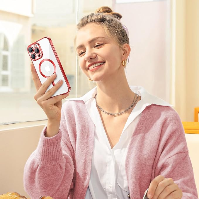 Hython Magnetic Clear for iPhone 15 Pro Case with Camera Lens Protector [Compatible with MagSafe] Luxury Plating Edge Slim Soft TPU Cover Protective Phone Case for iPhone 15 Pro 6.1", Red