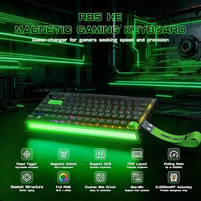 ATTACK SHARK R85 HE Wired 75% Rapid Trigger Mechanical RGB Gaming Keyboard with Custom Lightbox,8KHz Polling Rate,0.005mm RT Accuracy,0.08MS Latency,Hall Effect,Magnetic Switch,Driver for PC-Green