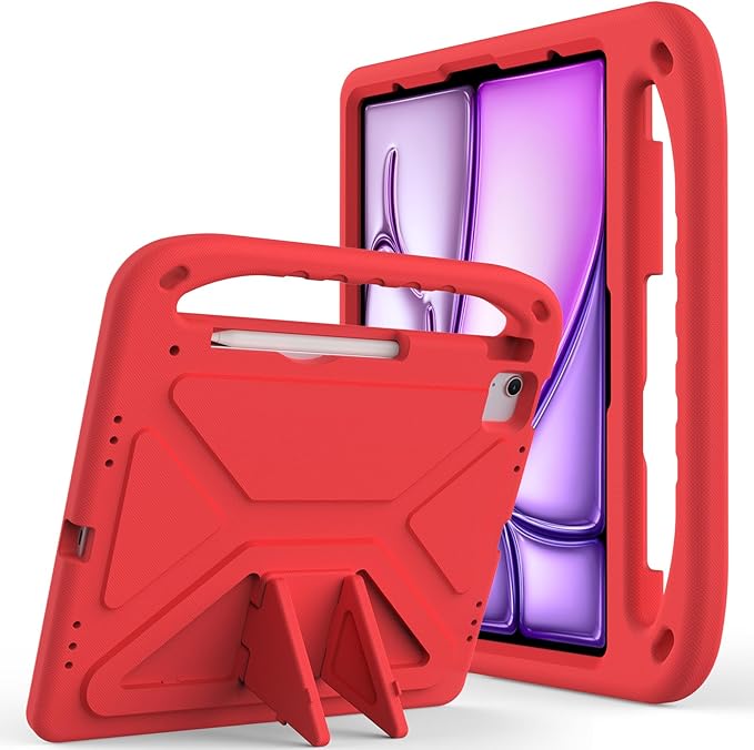 Kids Case for Apple iPad Air 13 inch Tablet M4/M3/M2 (2026/2025/2024) with Pencil Holder, Anti-Slip Handle Slim Lightweight Stand Shockproof Soft EVA Protective Silicone Bumper Cover, Red
