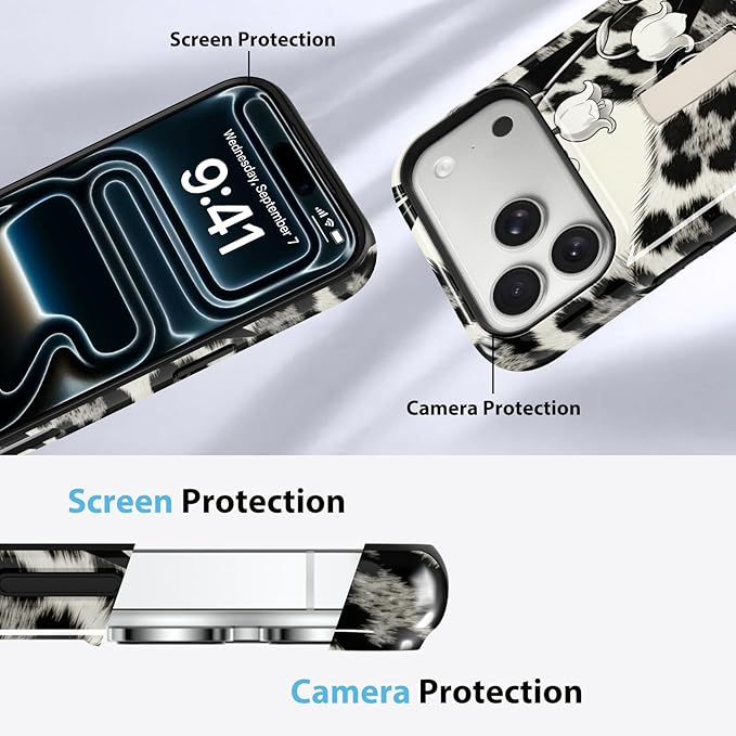 KANGHAR Compatible with iPhone 17 Pro Max Case, Support for MagSafe, Silicone Leopard Flower Cool Pattern, Wristband Kickstand Camera Protection Soft Slim Phone Case for Girls Women -Black
