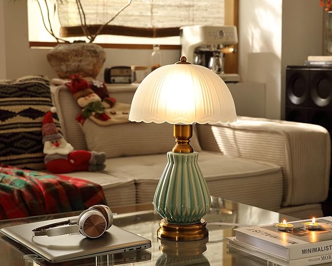 Glivpny Vintage Table Lamp for Living Room,16" Mid Century Modern Ceramic Lamps for Bedroom,Retro Bedside Nightstand Mushroom Glass Lamps, Classic Chinoiserie Green Lamp for Home Decor (LD004)