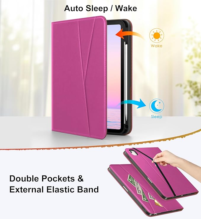 DTTO for iPad Air 11 inch Case M4 / M3 / M2 (2026/2025/2024), iPad Air 5th / 4th Gen (2022/2020), 360 Degree Rotating Premium Leather Folio Stand Cover with Pencil Holder, Rose Red