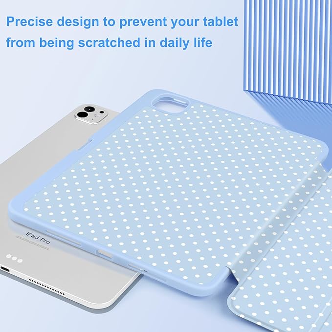 MEEgoodo Case for M5 iPad Pro 11 inch 2025/M4 iPad Pro 11 inch Case 2024, Tablet Cover with Trifold Stand & Pencil Holder & Auto Wake/Sleep & Soft TPU Back Cover, White Polka Dot & Blue