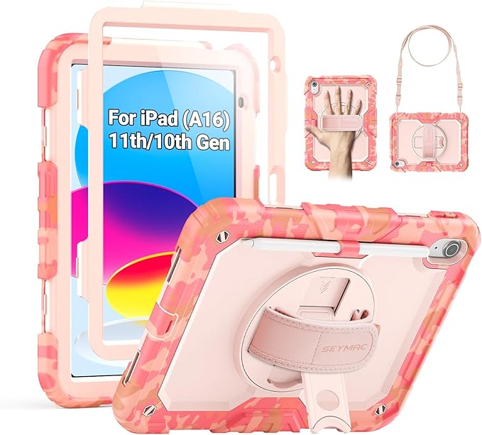 SEYMAC Case for iPad (A16) 11th/10th Generation 2025/2022 (11″/10.9″), Heavy Duty Full-Body Shockproof Protective Case with Screen Protector, Rotating Stand, Hand/Shoulder Strap, Multicolor/Pink