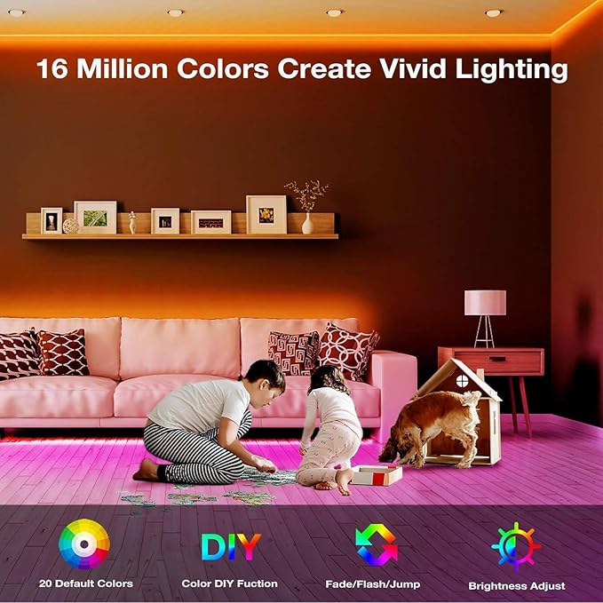 VOLIVO 50ft Led Strip Lights for Bedroom, Color Changing Led Light Strips Kit with Bluetooth App Control and IR Remote, RGB Music Sync Lighting for Room, Home Decor