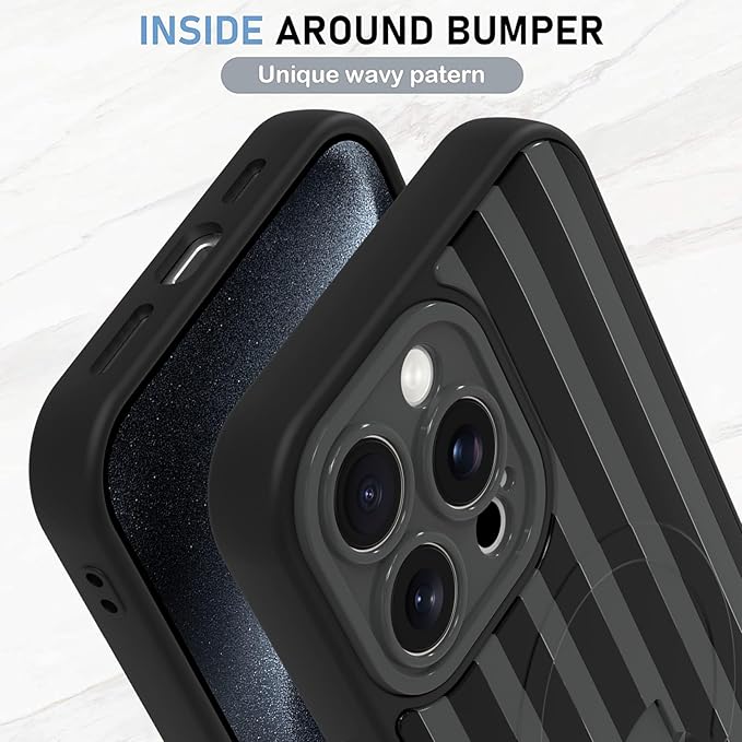 KANGHAR Compatible with iPhone 15 Pro Case, Support for MagSafe, Silicone Stripes Cute Pattern, Wristband Kickstand Camera Protection Soft Slim Cover for Girls Women -Black