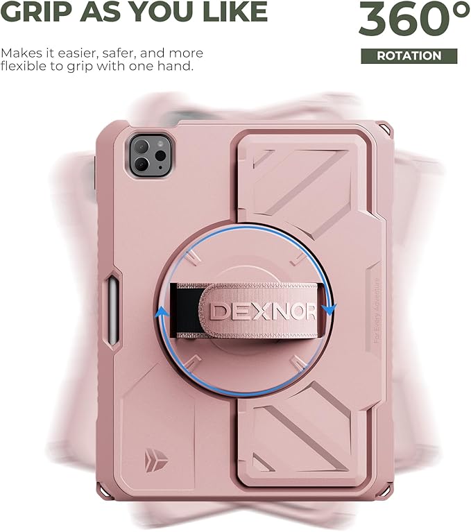 Dexnor Case for iPad Pro 11 inch 4th/3rd/2nd/1st Gen (2022/2021/2020/2018),Rugged Protective Case with 360° Rotating Hand Strap & Stand & Screen Protector & Pencil Holder Shockproof Bumper Cover,Pink