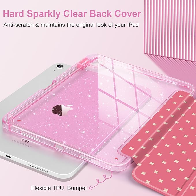 DONGKE for iPad Pro 11 inch Case – Fits M5 2025 / M4 2024, Shockproof Sparkling Glitter Acrylic Back, Pencil Holder, Trifold Stand, Auto Sleep/Wake & Touch ID Support - Dark Pink Cross Dot