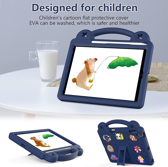 Dteck Kids Case for iPad 9.7 Inch 6th/5th Gen 2018/2017 & iPad Air 2/1 & iPad Pro 9.7,Cartoon Panda Shockproof Rugged Lightweight Pencil Holder Convertible Handles Stand Kids Friendly Case,Navy Blue
