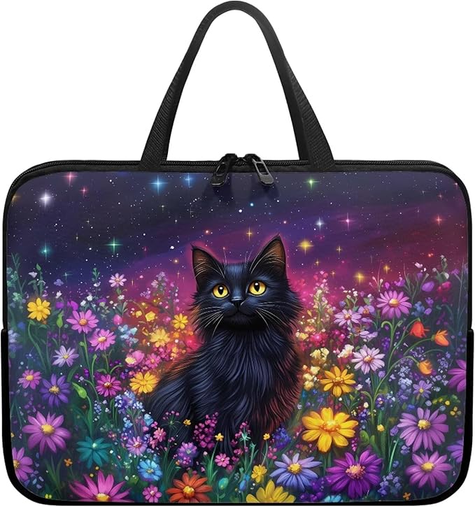 Galaxy Floral Laptop Handle Bag for Women 10 Inch Computer Protect Case Pouch Holder Black Cat Notebook Sleeve Neoprene Cover Soft Carrying Travel for 10-17 Inch Chromebook