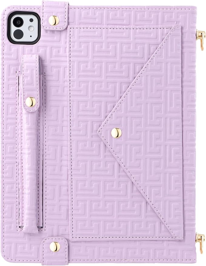 Handbag Case for iPad Pro 13-inch M5 2025/M4 2024, Techcircle Elegant Crossbody PU Leather Folio Envelope Pocket Stand Cover with Hand Strap+Shoulder Strap+Pencil Holder+Card Slots, Lavender