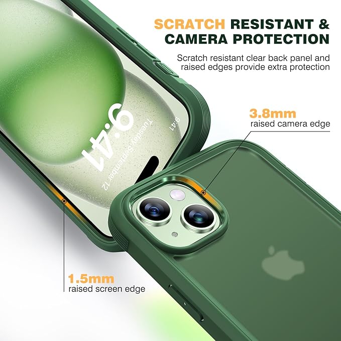 Diaclara Designed for iPhone 15 Case, Full Body Rugged Case with Privacy Built-in Touch Sensitive Anti-Scratch Screen Protector, with Camera Lens Protector for iPhone 15 6.1",Frosted Green