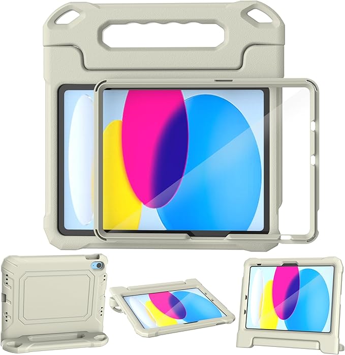 YIHE Kids Case for iPad (A16) 11th Generation 11 Inch 2025 & iPad 10th Generation 10.9 inch 2022, with Built-in Screen Protector and Handle Stand, Full Body Shockproof Protective Cover, LightGrey