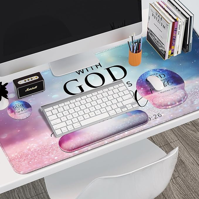 Mouse Pad + Desk Mat + Keyboard Wrist Rest + Coaster 4 in 1 Set, Cute Ergonomic Large Gaming Mousepad with Wrist Rest Support Desk Pad for Computer Laptop Office Home Decor-Glitter Night Sky