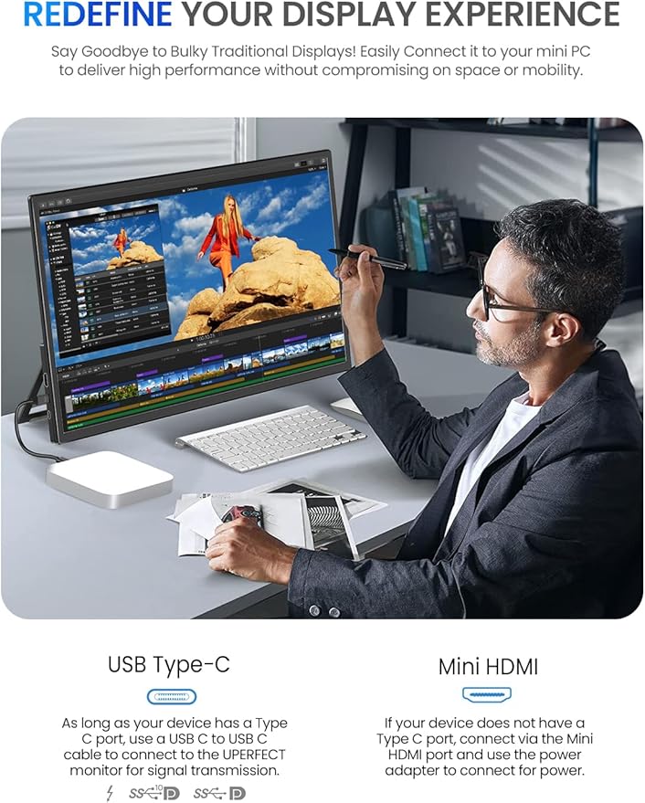 UPERFECT 21.5” 120HZ Touchscreen Portable Monitor w/Stand & VESA, Large Portable Gaming Monitor with HDMI Type C, External Display for Laptops, Steamdeck, MacBook, Phones, Mini PC