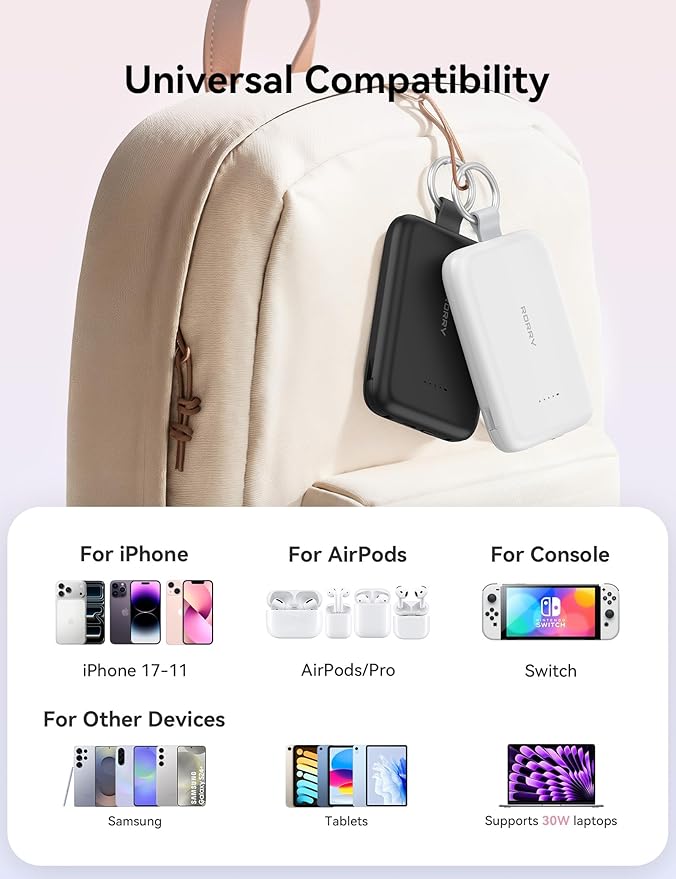 RORRY CharmGo Portable Charger, 10000mAh PD 30W Fast Charging Portable Charger Power Bank with Built-in Cables, Travel Keychain Charger Battery Pack for iPhone 17/16/15, for AirPods 2/3/4/Pro, Green
