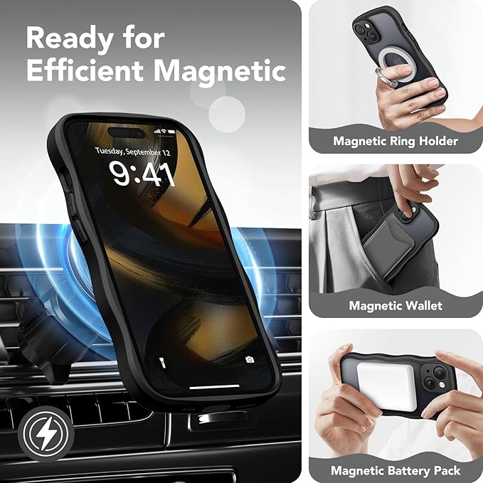 CAPRARO Cute for iPhone 15 Case, Compatible with MagSafe, [Curly Wave Edge] [Full Camera Protection] [14 FT Drop Protection] Magnetic Phone Case for 15 6.1 Inch, Black