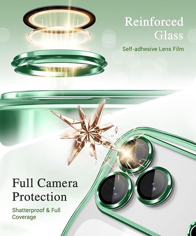 GVIEWIN for iPhone 17 Pro Max Case Compatible with MagSafe, Upgraded [Full Camera Protection][Cute Wave Frame][Military Grade Protection] Electroplated Hard Phone Cover for Women Girl, Clear/Green