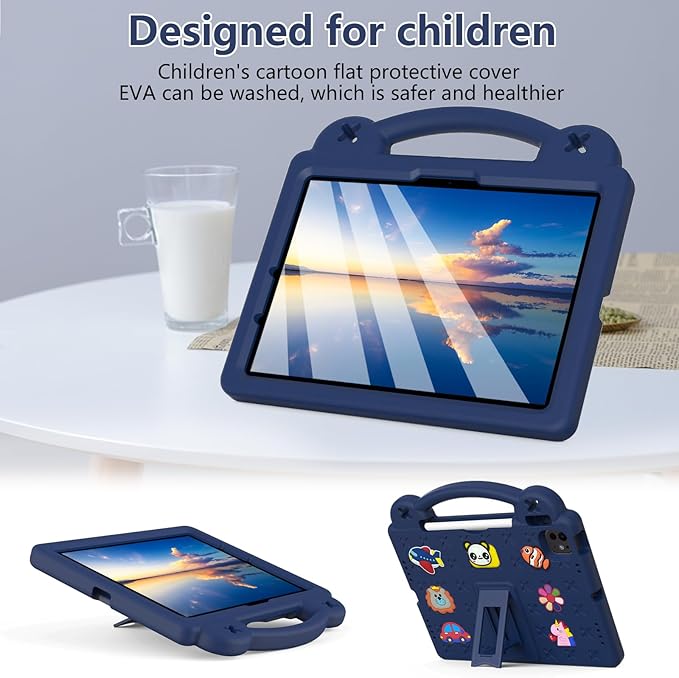 for Apple iPad Pro 11 Inch Kids Case (M5/M4) 2025/2024 with Pencil Holder/Kickstand/Handle Stand Lightweight Cute DIY Soft EVA Shockproof Rugged Silicone Girls Boys Cover, Navy Blue Bear