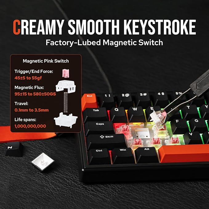 EPOMAKER HE68 Hall Effect Keyboard, 8000hz Polling, 0.01mm Adjustable Trigger, 0.125ms Latency, Creamy Gasket, Snap Key, SOCD, RGB, Wired Magnetic Gaming Keyboard for Mac/PC (Black)
