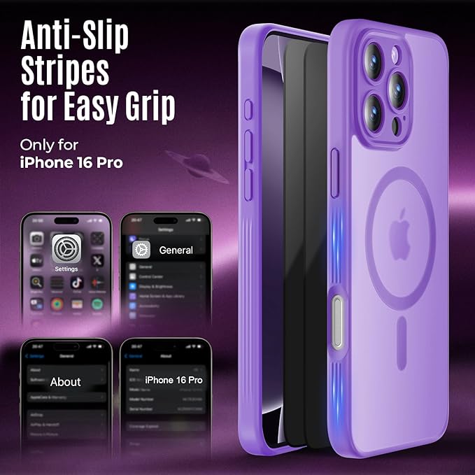 Symcele Designed for iPhone 16 Pro Case, Compatible with MagSafe, with Privacy Screen Protectors X2, [Camera Protection] [15FT Military Drop Protection] Shockproof Phone Case, 2024, Light Purple