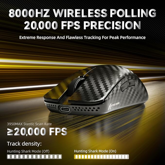 ATTACK SHARK R11Ultra 8K Carbon Fiber Wireless Gaming Mouse with 42000DPI-PAW3950 MAX Sensor-49g Lightweight,Nordic 52840 MCU Chip,Wired/BT/2.4Ghz Programmable,RGB Coiled Cable for PC(Black Wave+Tape)