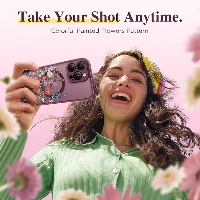 GVIEWIN for iPhone 16 Pro Case Compatible with MagSafe, [Military Grade Protection] [Screen Protector] Full Camera Protection Floral Translucent Women Magnetic Phone Case, Wild Petals/Red