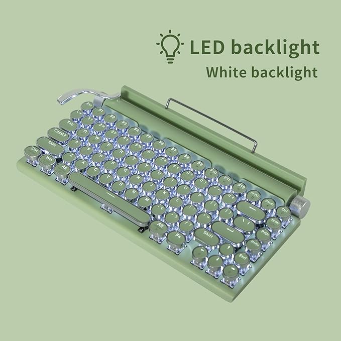 Adventurers Retro Typewriter-Style Mechanical Keyboard, 83 Keys, 75% Compact Layout, Bluetooth 5.0 and Wired, Hot-Swappable Blue Switch, White Backlit for Windows/Mac/iPad/PC/Laptop (Light Green)