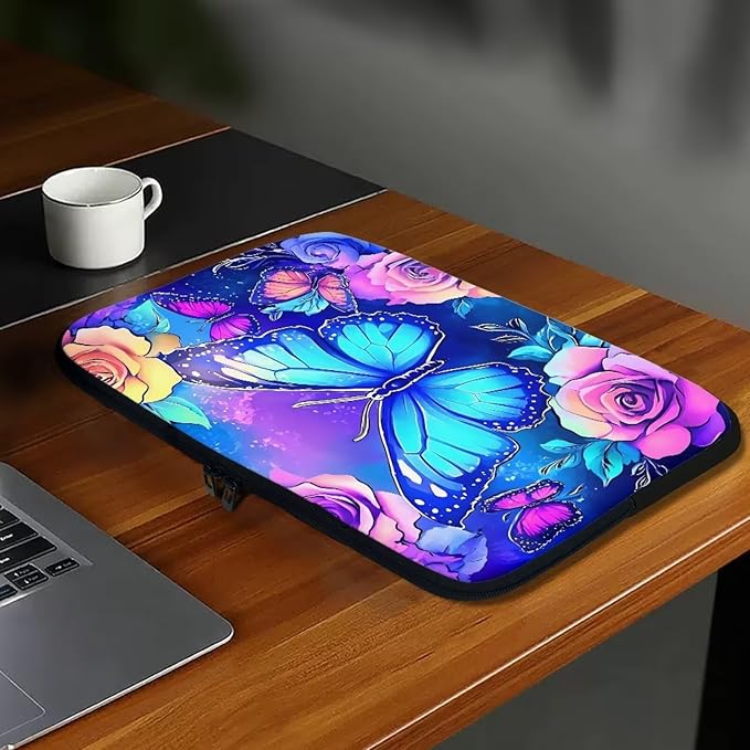 Butterfly Computer Sleeve for Women Laptop Sleeve 10inch Neoprene Lap Top Case with Padded Compartment Computer Carrying Case Purple Rose Laptop Sleeve Bag