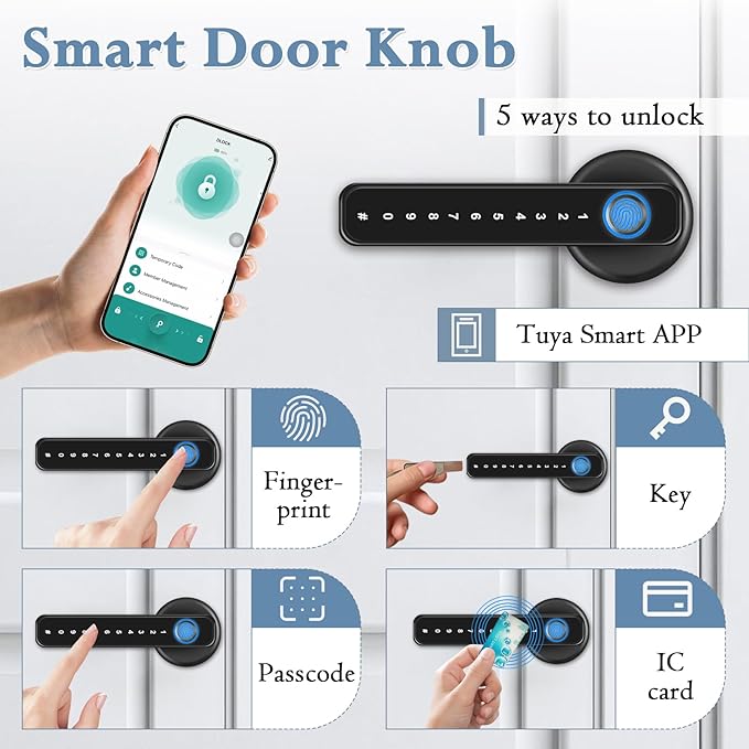 Fingerprint Door Lock Biometric Smart Door Knob Keyless Entry Door Lock One-Touch Lock & Unlock Electronic Touchscreen Keypad Lock with Handle, Door Locks for Front Door Bedroom Hotel Office Apartment