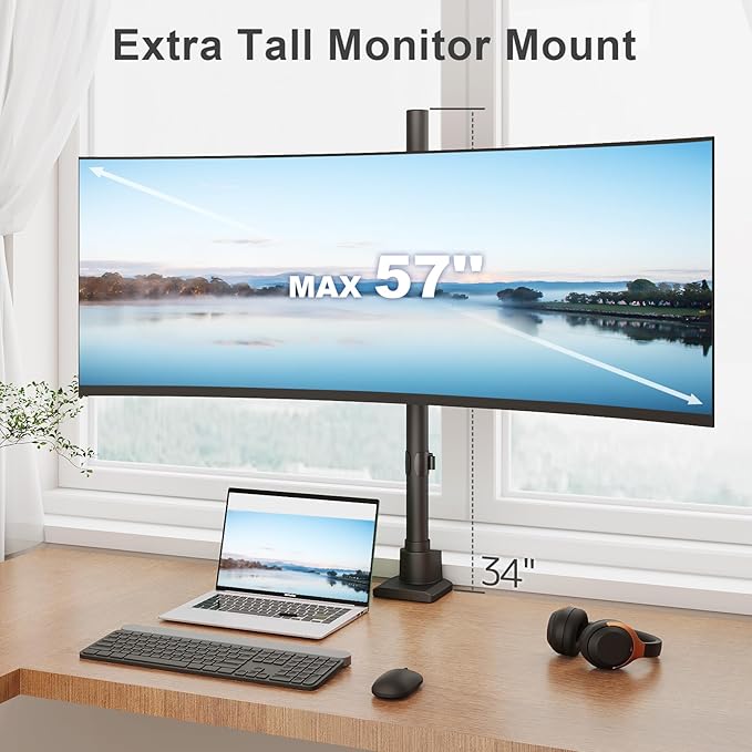 Monitor-Arm Ultrawide Heavy Duty 24-57'' - Extra Tall Aluminum Single Monitor Mount Holds up to 59.4lbs, Adjustable Desk Mount Stand, VESA 75/100 mm, Black