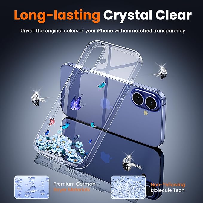 toushion 3 in 1 for iPhone 16 Case Clear, Screen Protector *1 & Camera Lens Protector*1, Print Shockproof for iPhone 16 Phone Case 6.1 inch Floral