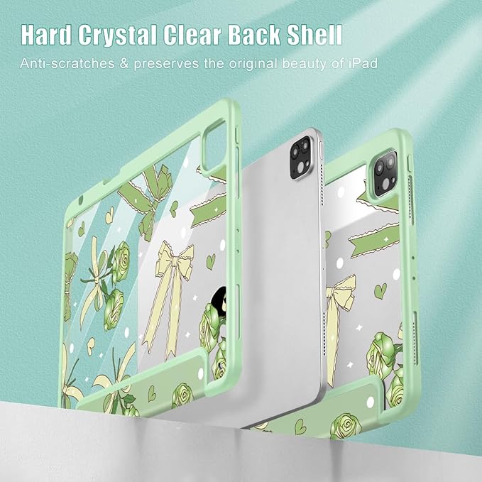 Tuiklol for iPad Pro 12.9 Inch 6th/5th/4th/3rd Generation 2022 2021 2020 2018 Case,Built-in Pencil Holder Clear Transparent Protective Back Shell Cover with Auto Sleep/Wake, Bow & Rose Green