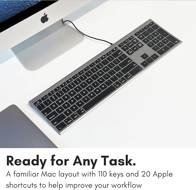 Macally Ultra-Slim USB Wired Computer Keyboard - Works Great as Both a Windows or Wired Mac Keyboard - Compatible Full Size Apple Keyboard with Numeric Keypad for Mac mini, iMac, MacBook - Space Gray