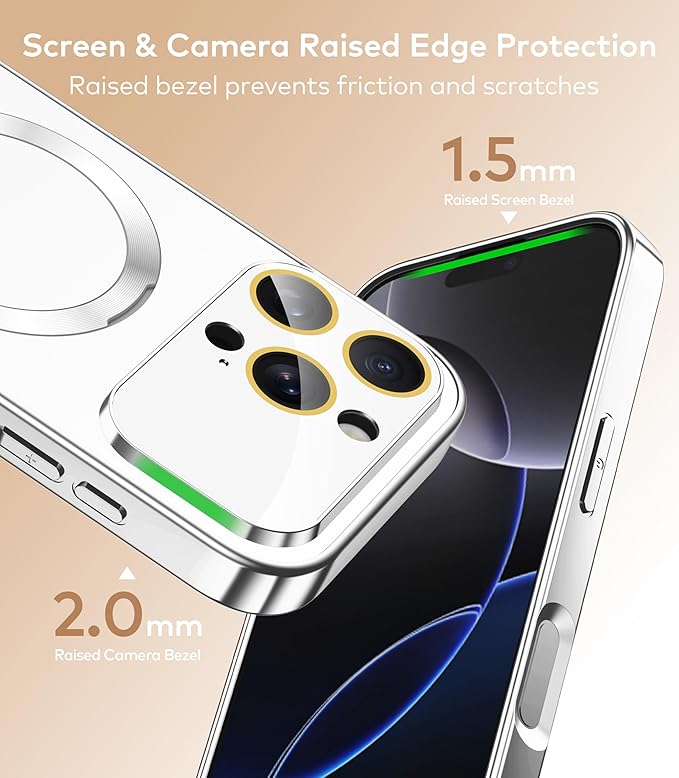 TOBOVON Magnetic for iPhone 16 Pro Max Case with Ring Stand, Fits MagSafe, with Built-in Camera Lens Protector, Slim Electroplated Shockproof Phone Cover, Silver
