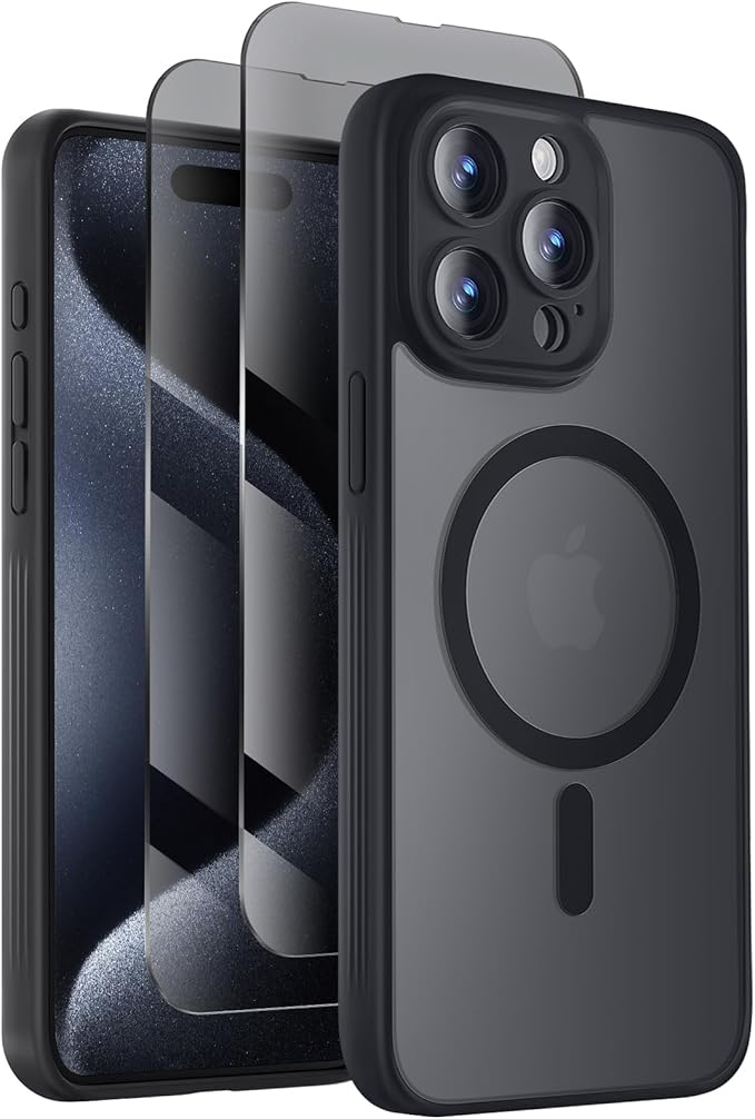 Symcele Designed for iPhone 15 Pro Case, Compatible with MagSafe, with Privacy Screen Protectors X2, [Camera Protection] [15FT Military Drop Protection] Shockpoof Phone Case, 6.1'', Black