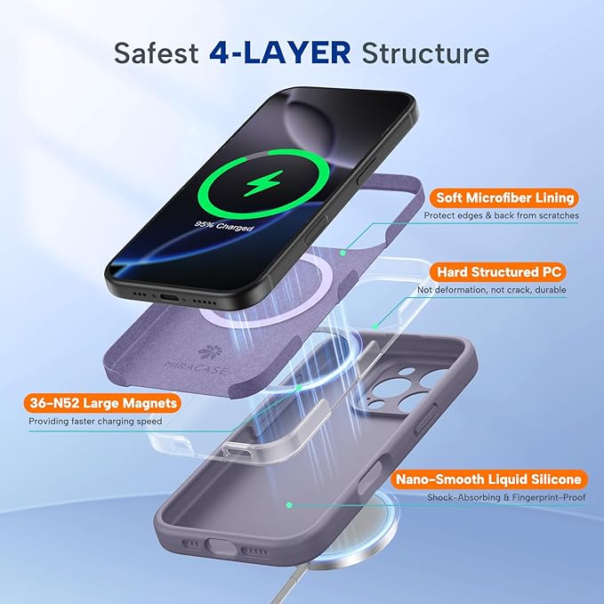 Miracase Magnetic for iPhone 16 Pro Case, [Soft Anti-Scratch Microfiber Lining], Compatible with MagSafe, Liquid Silicone Case Shockproof Drop Protection Phone Case for 16 Pro,Lavender Gray