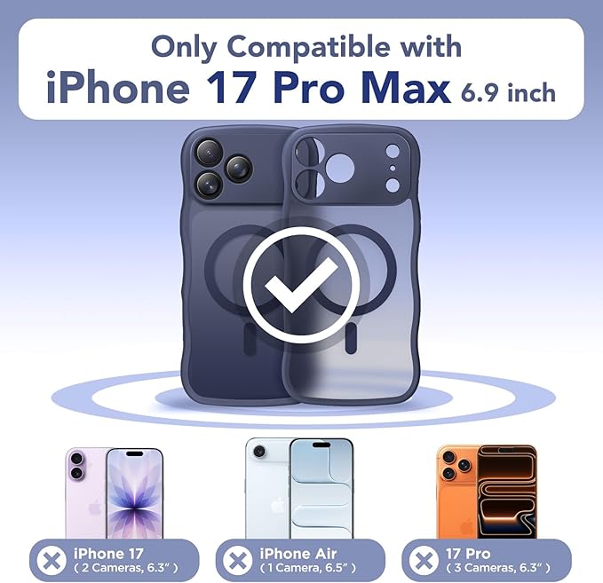 CAPRARO Magnetic for iPhone 17 Pro Max Case for Women Girls, Upgraded [Full Camera Protection] [Compatible with MagSafe] Cute Wave Translucent Matte Phone Case for iPhone 17 Pro Max, Dark Blue