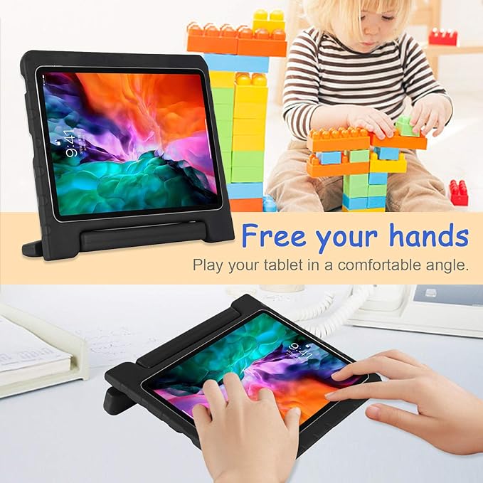 Kids Case for iPad Pro 11" 2022/2021/2020 (4th/3rd/2nd Gen), Techcircle [Support Pencil Charging] Handle Stand Lightweight EVA Foam Bumper Protective Rugged Drop Protection Child Proof Cover, Black