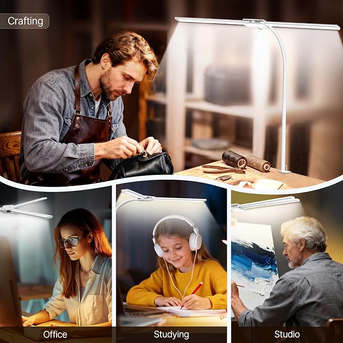Syrinx LED Desk Lamp, Dual Head Desk Light with Clamp, 50 Lighting Modes Eye-Caring Table Lamp, Flexible Gooseneck Task Light with Motion Sensor, Wired Control, Timer & Memory Function for Home Office