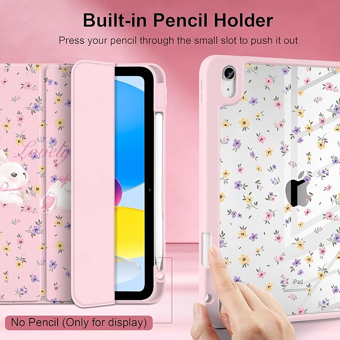 Case for iPad Air 11 inch M4 2026 M3 2025 M2 2024,iPad Air 5th (2022) / 4th (2020) 10.9 Inch Clear Back Shell Lightweight TPU Edge Trifold Stand Auto Wake Sleep Cute Cover, White Rabbit