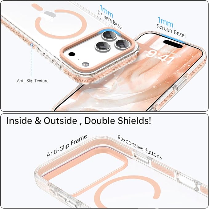 BENTOBEN Magnetic for iPhone 17 Pro Case 6.3", Compatible with Magsafe Military Shockproof Protective Bumper Cute Transparent Slim Anti-Yellowing Phone Case for iPhone 17 Pro Cover,Clear Light Orange
