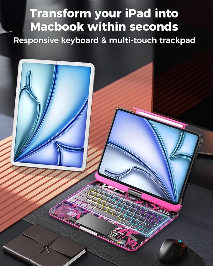 TSQQST Clear Keyboard Case for iPad Air 11 Inch (M4/M3/M2, 2026/2025/2024)/ iPad Air 5th/4th Generation 10.9" / iPad Pro 11" 1st/2nd/3rd/4th, Trackpad, Pencil Holder, 7-Color Backlit, Rotatable, Pink
