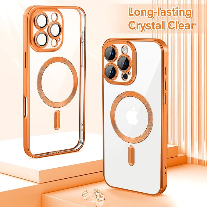 Hython Magnetic Clear for iPhone 15 Pro Max Case with Camera Lens Protector [Compatible with MagSafe] Plating Edge Slim Soft TPU Cover Protective Phone Case for iPhone 15 Pro Max 6.7", Matte Orange