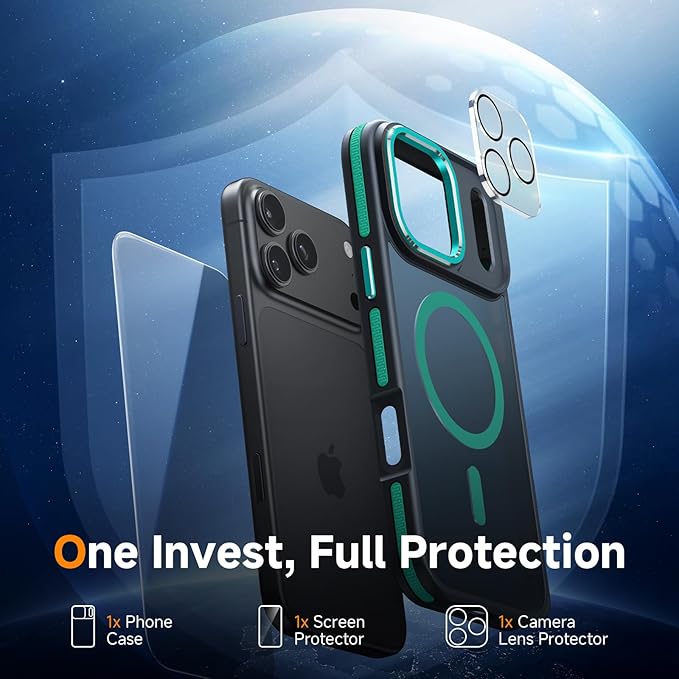 Magnetic 3 in 1 for iPhone 17 Pro Max Case, [Omni-Directional Protection] with 1x Screen Protector + 1x Camera Cover, [Seamless Work with Magsafe] Protective Silm Case for iPhone 17 Pro Max Green
